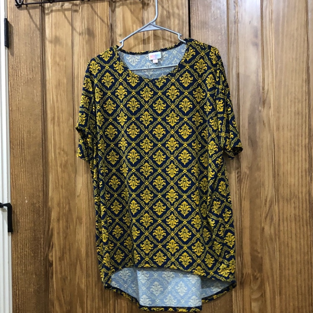 Size XS yellow and navy LuLaRoe Irma.